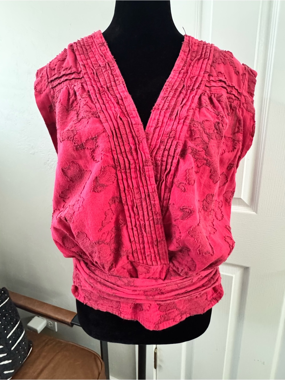 Anthropologie Hot Pink Textured V-Neck Sleeveless Blouse